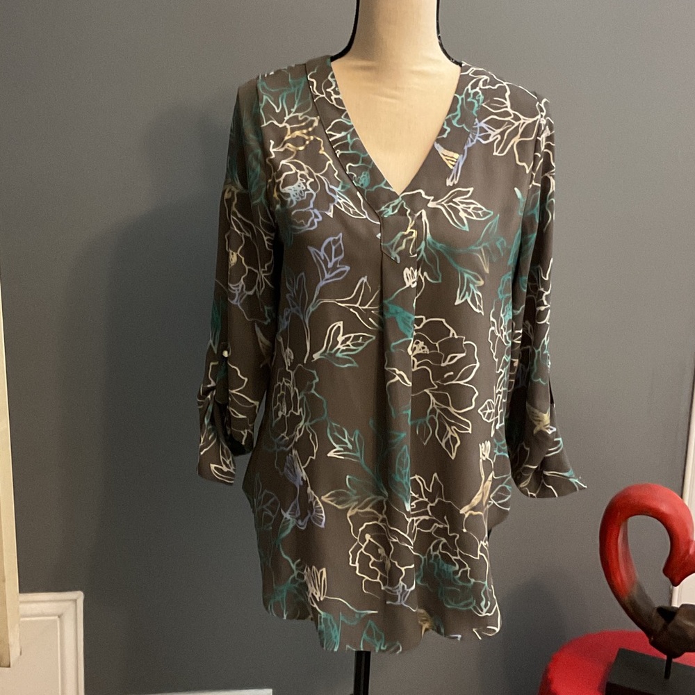 Apt. 9 Floral V-Neck Blouse - Gray and Teal